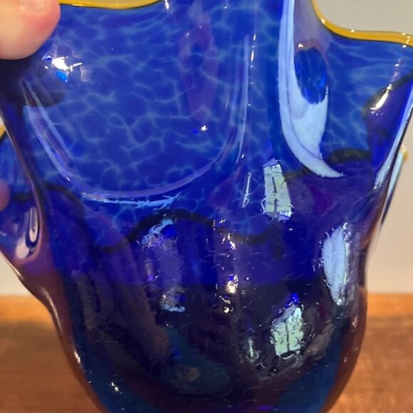 Glass Eye Studio Mottled Cobalt Blue with Gold Ruffle Rim Bowl Blown Glass - Picture 3 of 11